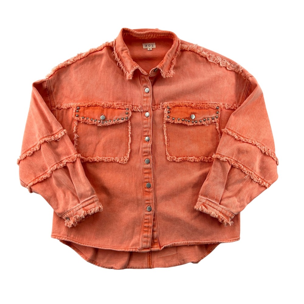 POL Coral Orange Studded Frayed Denim Shacket Shirt Jacket Women Small Oversized